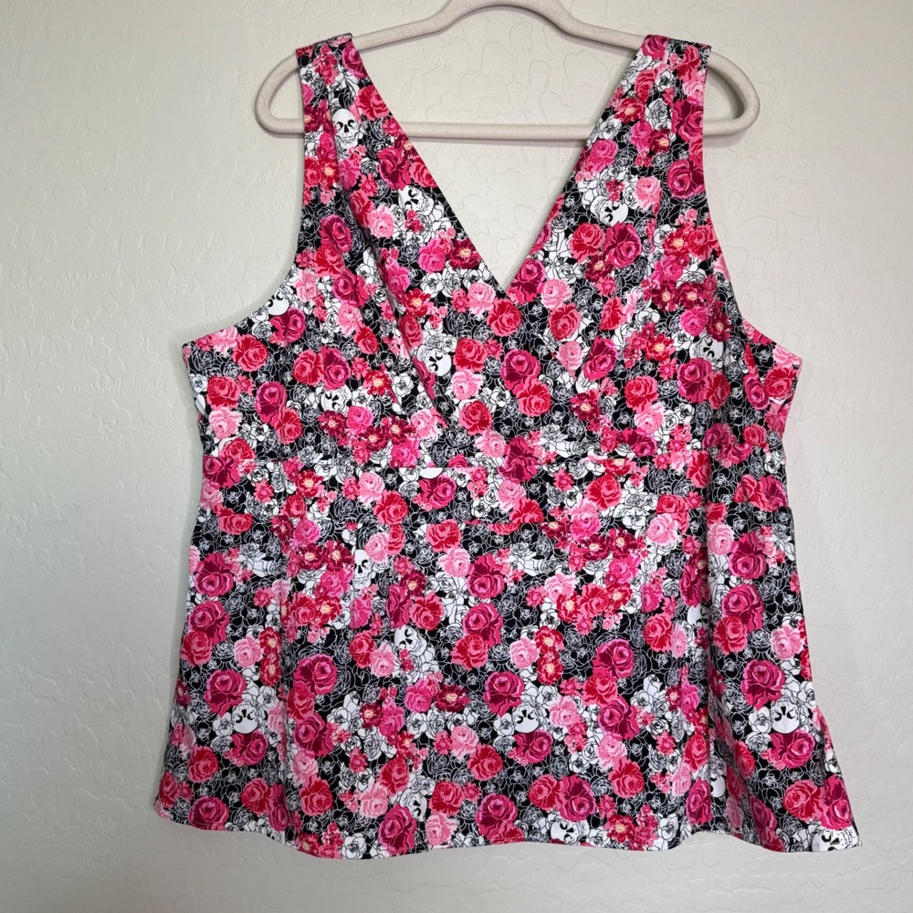 Torrid Women Cotton Peplum Top Size 3X Pink Skull Floral VNeck Zip Dark Romantic